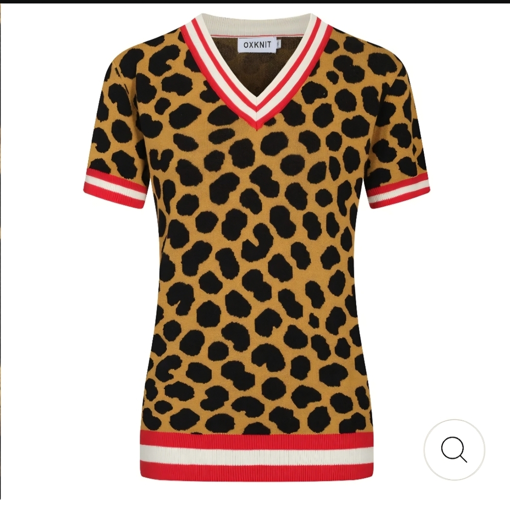 OXKNIT Leopard Print V-Neck Short-sleeve Sweater XL